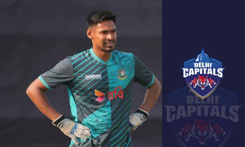 মোস্তাফিজুর রহমান আইপিএলের জন্য দিল্লি ক্যাপিটালসের জার্সি হাতে প্রস্তুত, পেছনে আইপিএল লোগো ও স্টেডিয়ামের আলোর ছবি।