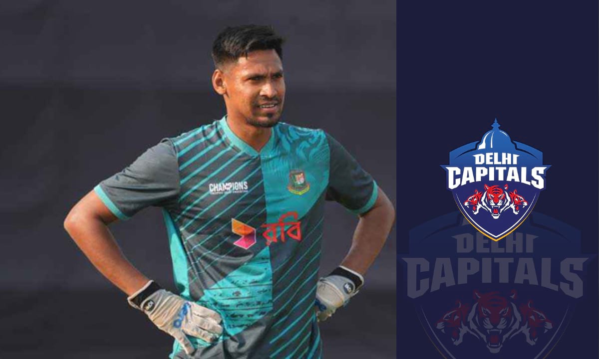 মোস্তাফিজুর রহমান আইপিএলের জন্য দিল্লি ক্যাপিটালসের জার্সি হাতে প্রস্তুত, পেছনে আইপিএল লোগো ও স্টেডিয়ামের আলোর ছবি।