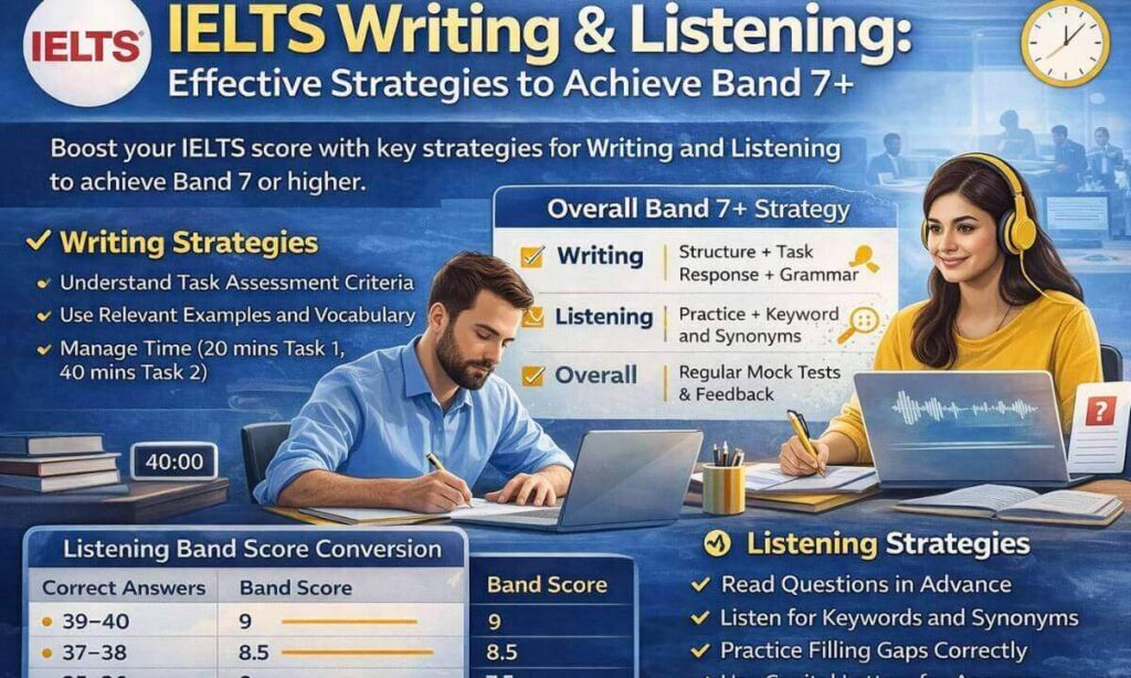 IELTS Writing and Listening Band 7 preparation tips infographic