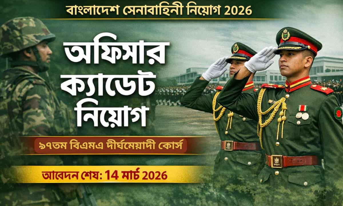 ৯৭তম বিএমএ দীর্ঘমেয়াদী কোর্সে বাংলাদেশ সেনাবাহিনীর অফিসার ক্যাডেট নিয়োগ বিজ্ঞপ্তি ২০২৬