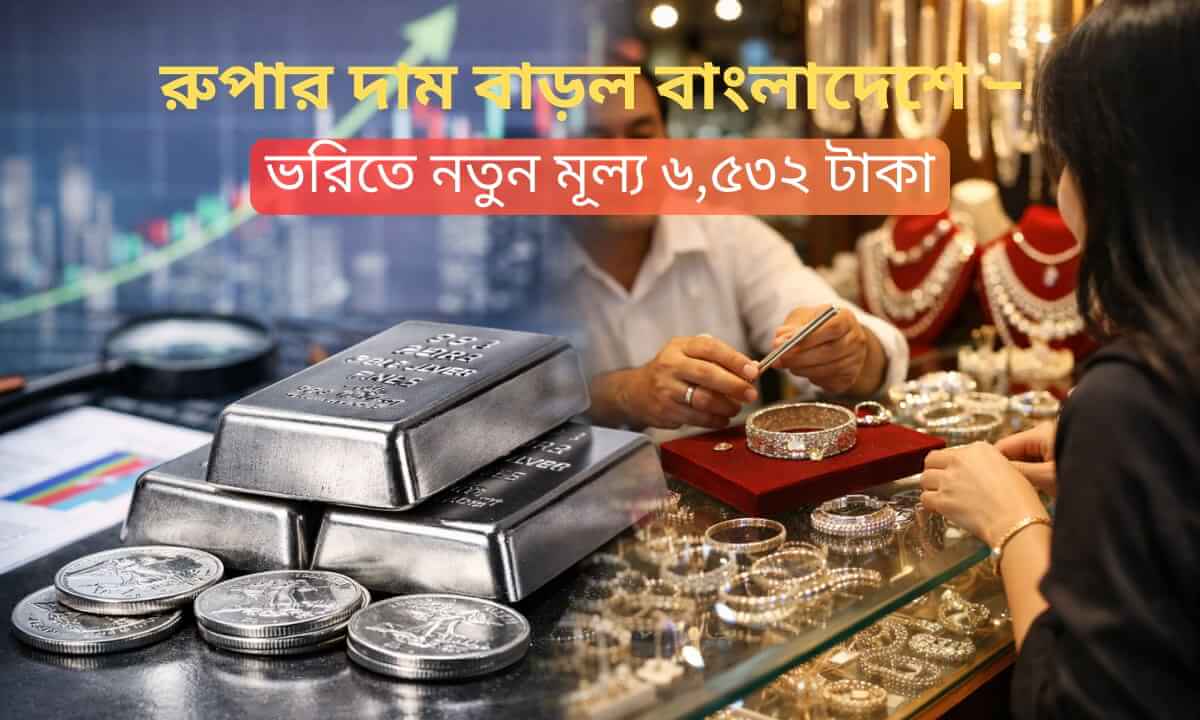 বাংলাদেশে রুপার নতুন দাম ঘোষণা উপলক্ষে রুপার বার, কয়েন ও জুয়েলারি দোকানে ক্রেতা–বিক্রেতার দৃশ্য
