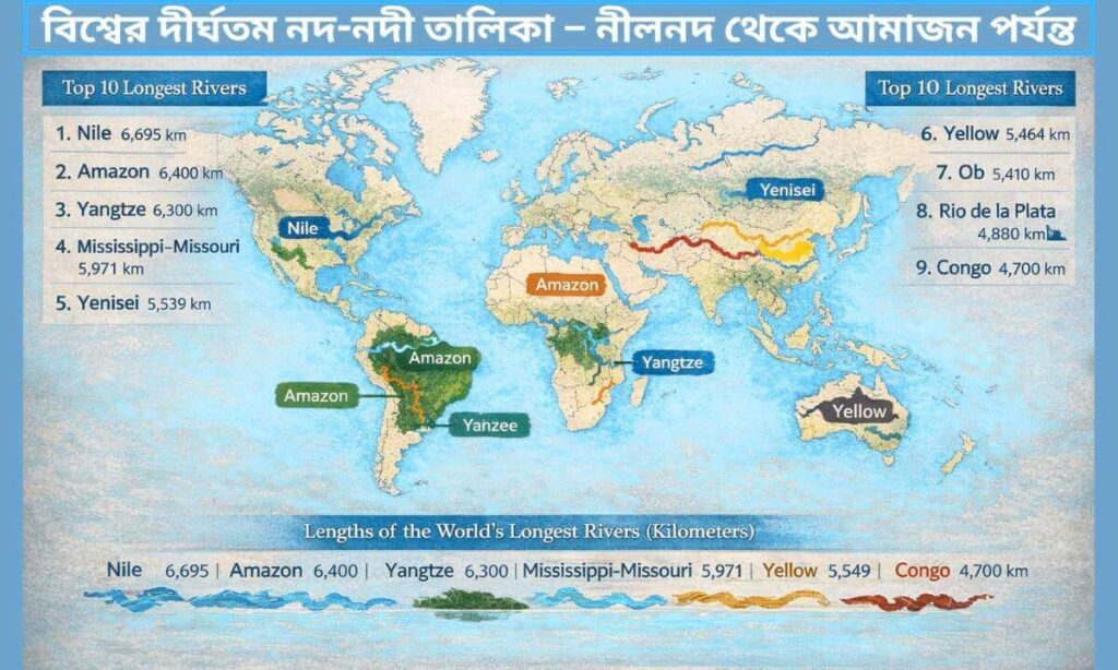 বিশ্বের দীর্ঘতম নদ-নদীর মানচিত্র ও তালিকা – নীল নদ, আমাজন, ইয়াংজি, মিসিসিপি-মিজৌরি সহ প্রধান নদীগুলো