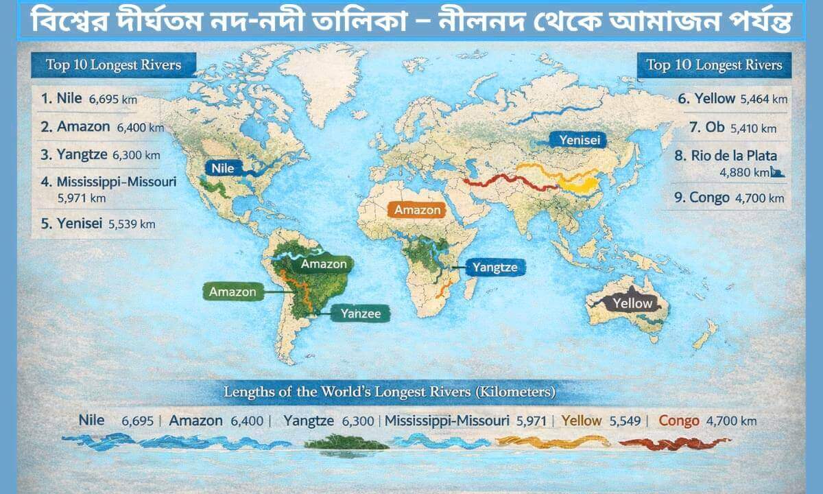 বিশ্বের দীর্ঘতম নদ-নদীর মানচিত্র ও তালিকা – নীল নদ, আমাজন, ইয়াংজি, মিসিসিপি-মিজৌরি সহ প্রধান নদীগুলো