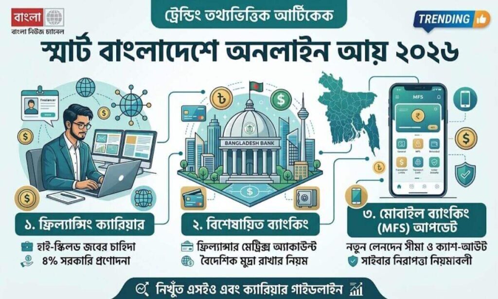 স্মার্ট বাংলাদেশে অনলাইন আয় ২০২৬, ফ্রিল্যান্সিং ক্যারিয়ার এবং মোবাইল ব্যাংকিং আপডেট ইনফোগ্রাফিক ব্যানার।